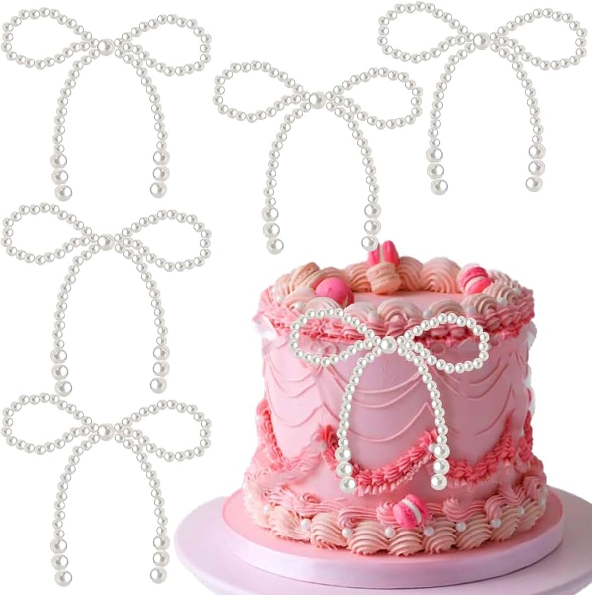 Strikken, 12 stuks strikken voor taartdecoratie, strikdecoratie voor cupcakes, strikdecoratie voor taarten, witte strikken voor taartdecoratie met parel, voor verjaardag, bruiloft