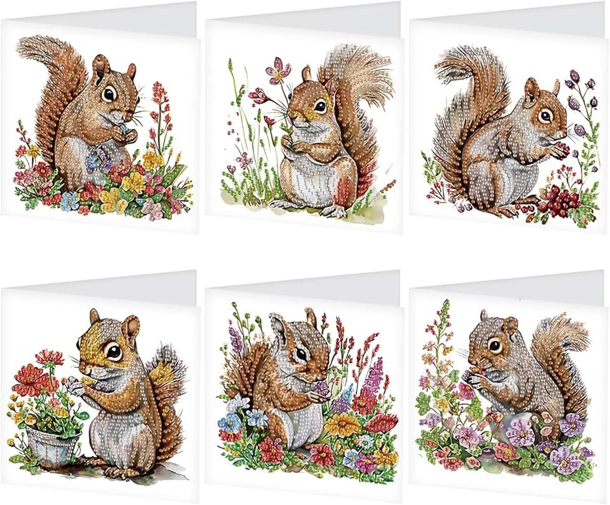 Diamond Painting wenskaartenset, eekhoorntjes, kaarten met bloemen, dieren met enveloppen, verjaardagskaart, bedankkaart, zegentiekaart, vakantiekaarten, cadeau voor alle leeftijden