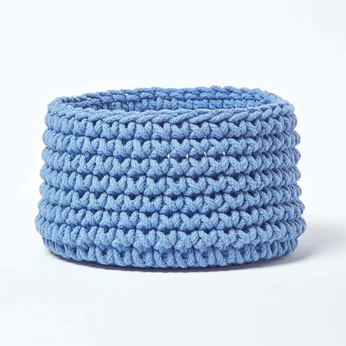 Gebreide opbergmand in blauw, ronde gebreide mand/stoffen mand 37 x 21 cm van 100% katoen met grove stik-look