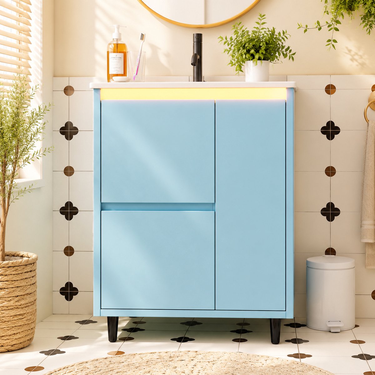 VVBV Badmeubelset 61x46.5x87 cm - Keramische Wastafel, Vrijstaand, Soft-Close, Opbergruimte - Blauw, Keramiek & MDF