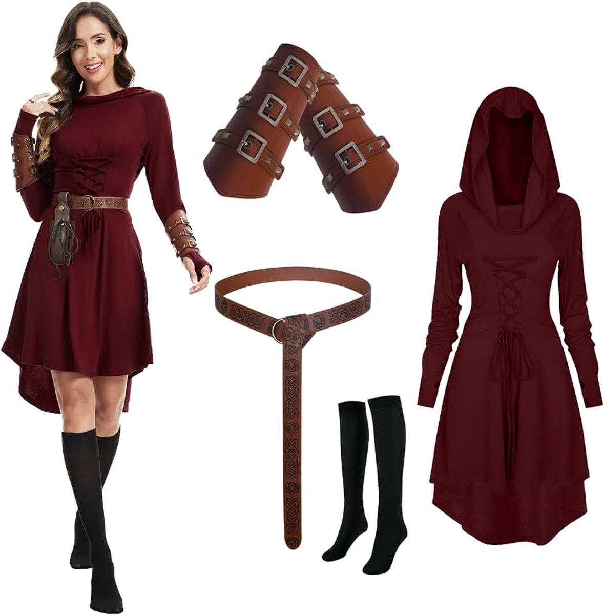 Kledingset voor dames, renaissance, capuchonjurk, set met armbeschermers, riem, kousen, Halloween, gothic, capuchonjurk