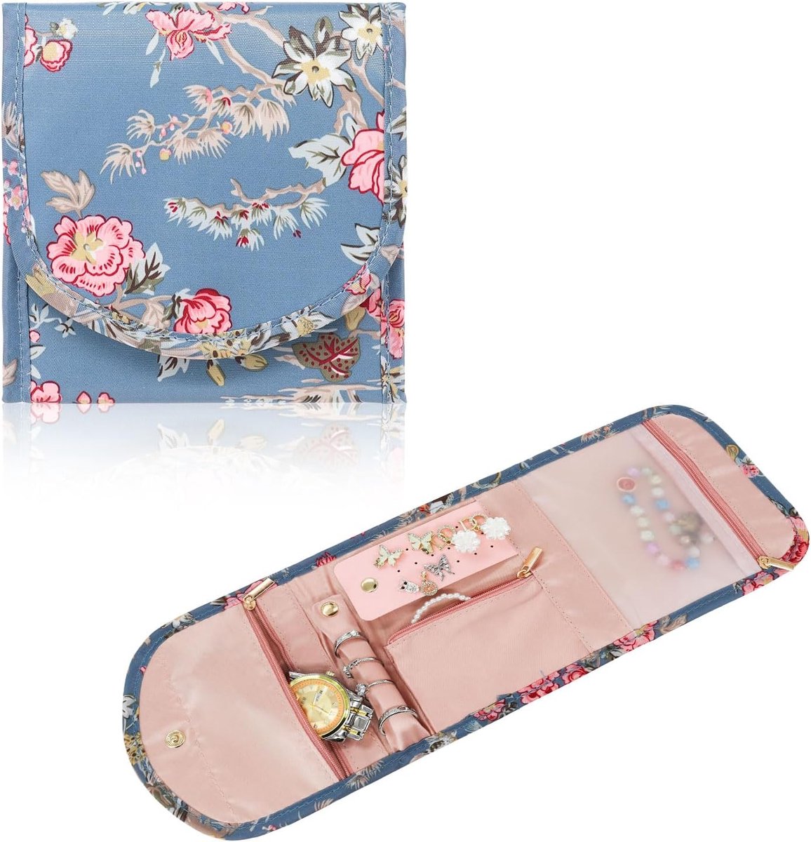Organizer voor op reis, opvouwbare sieradenorganizer-tas voor meisjes en vrouwen, draagbare reis-sieradenopbergtas voor ringen, oorbellen, halskettingen, armbanden (bloem)