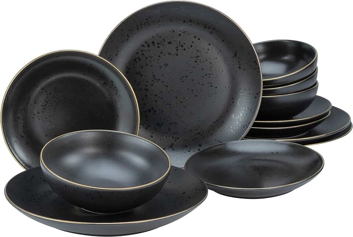22707, serie Industrial Gold Black, 12-delige serviesset voor 4 personen, bordenset van aardewerk, vaatwasser- en magnetronbestendig, kwaliteitsproductie