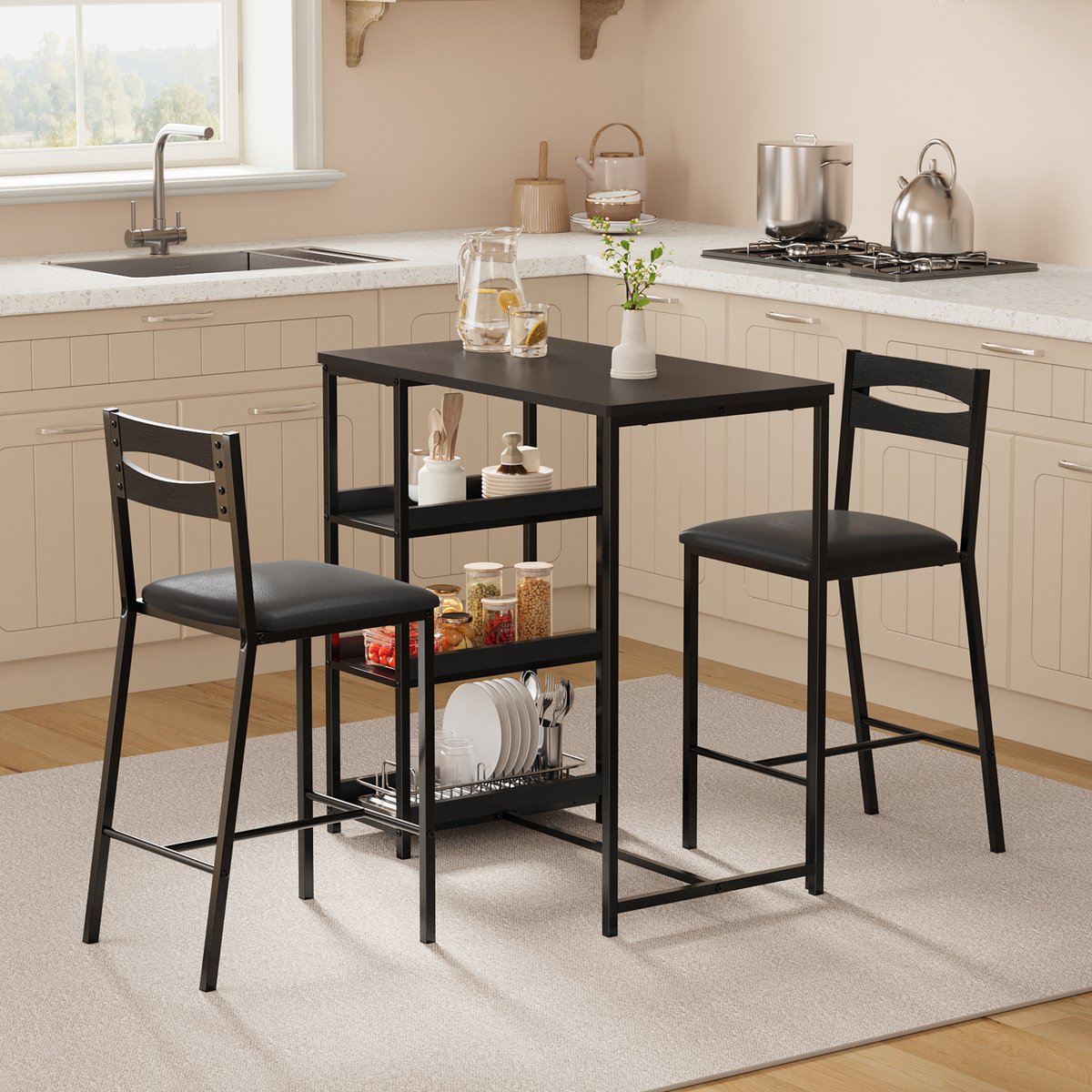 Eettafel Set 3-Delig - 91.5x50x91.5cm - Eettafel Met 2 Stoelen - Bartafel Counter Height met 3 Lagen Opbergplanken - Ruimtebesparend - Voor Appartement En Eetkamer - Zwart