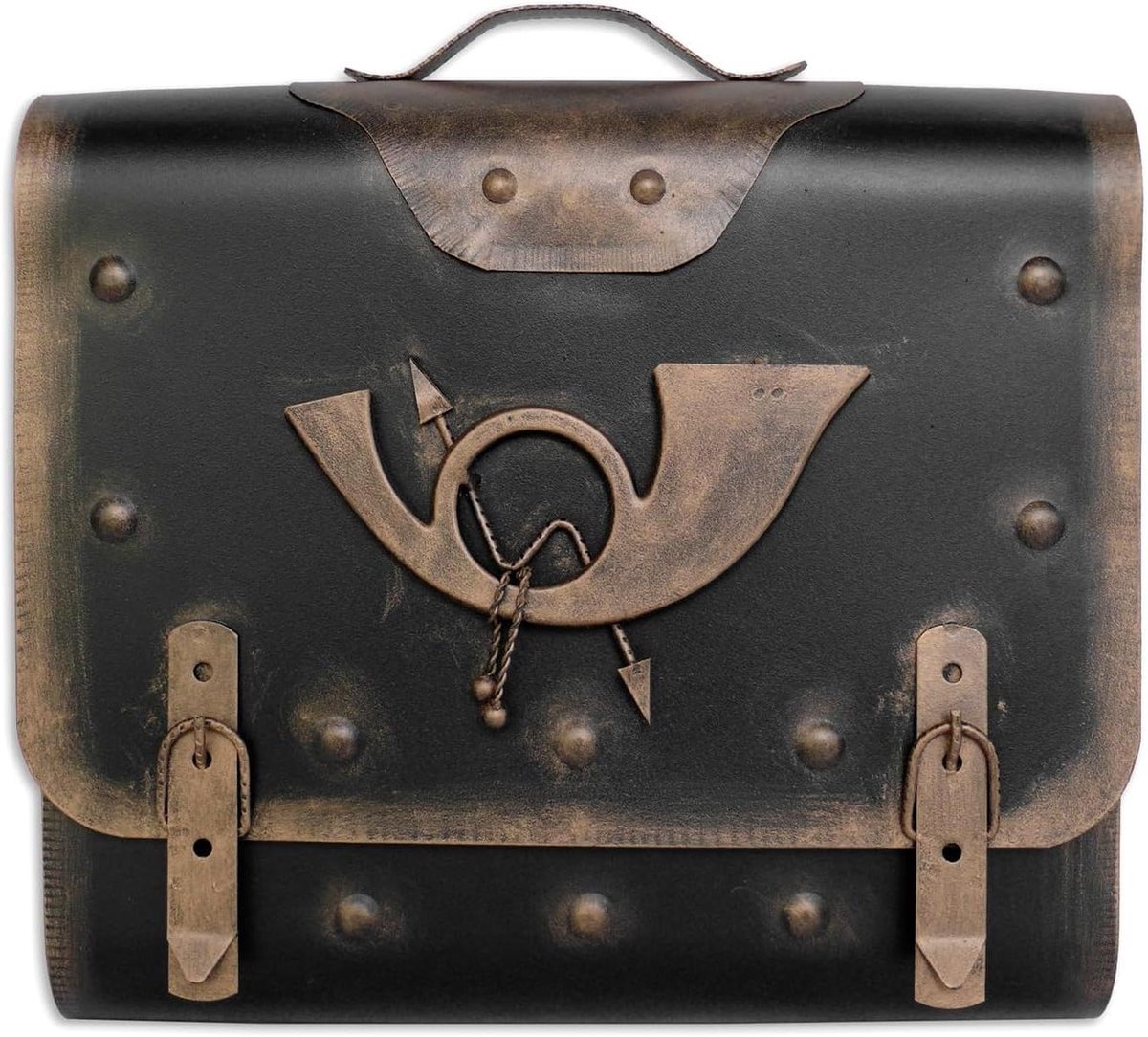 Brievenbus Posthoorn - Wandmodel Nostalgisch - Post Ontvangen - Handgemaakt Metaalwerk - 41x38x10.5cm - Zwart-Goud