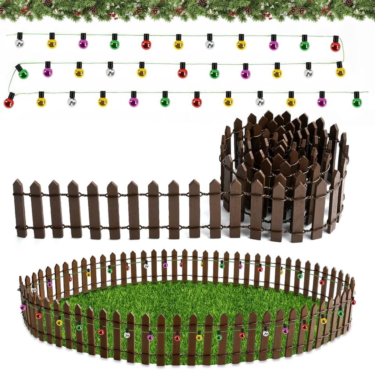 Accessoires Kerstmis, miniatuur omheining tuinhek hout, 90 x 5 cm kabouter hek met 100 cm decoratieve lichtketting, Kerstmis miniatuur omheining houten hek, poppenhuis accessoires
