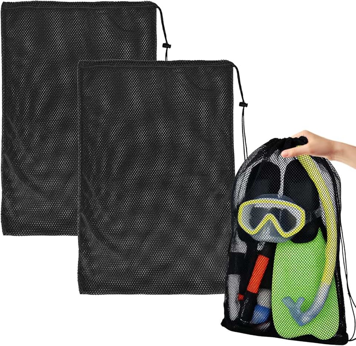 Nettas voor snorkelen, 2 stuks, nylon netvakken met trekkoord voor sport, draagbare opbergtassen, outdoor-activiteiten en meer