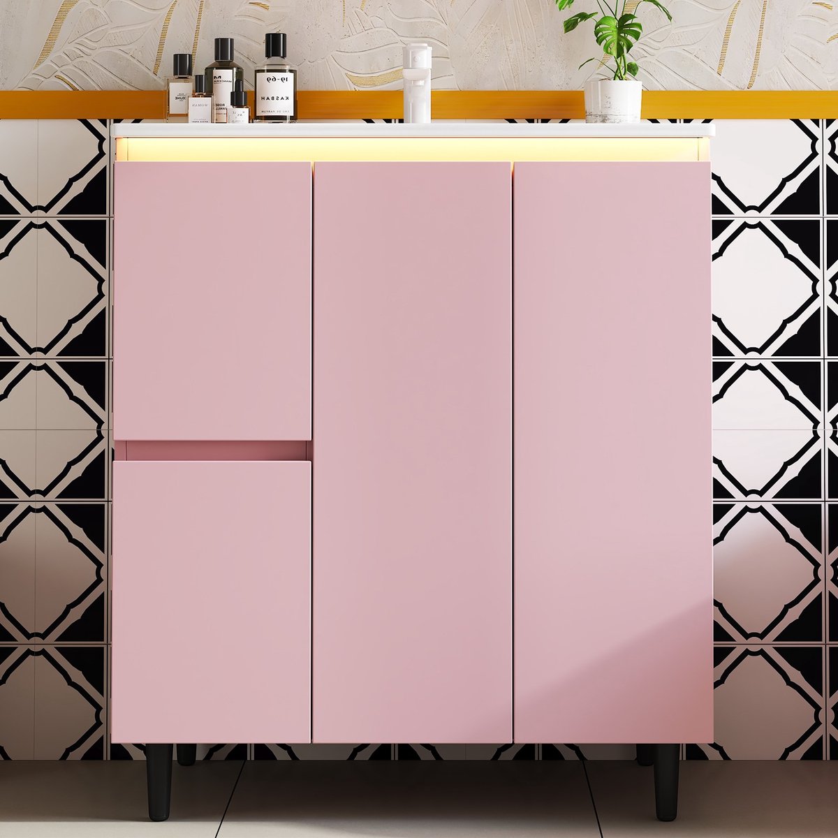 VVBV Badmeubelset 76x47x89 cm - Keramische Wastafel, Vrijstaand, Soft-Close, Opbergruimte - Roze, Keramiek & MDF
