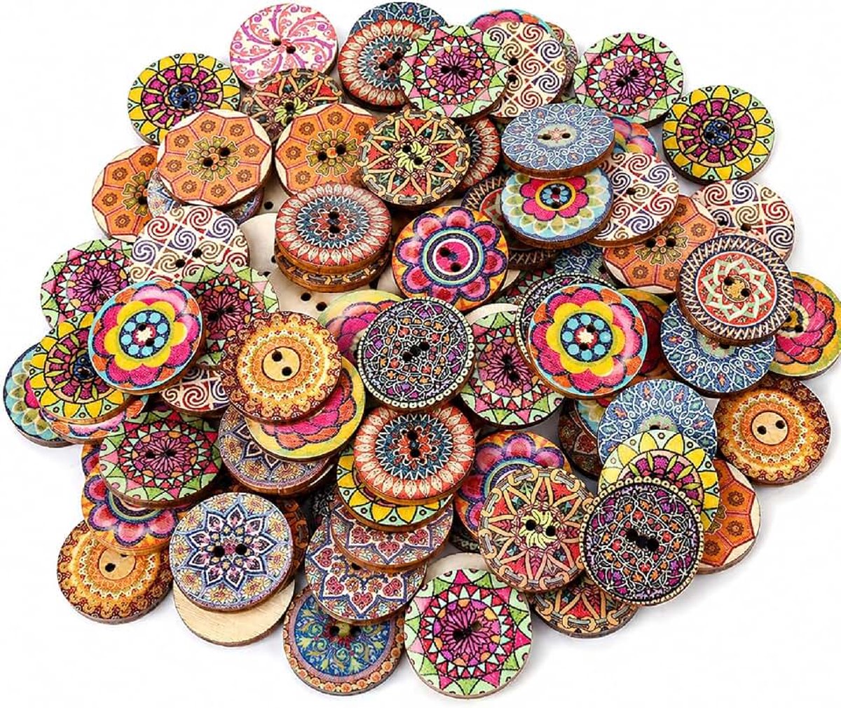100 stuks gemengde willekeurige bloem schilderen ronde 2 gaten houten knoppen voor DIY naaien ambachtelijke decoratieve 25 mm