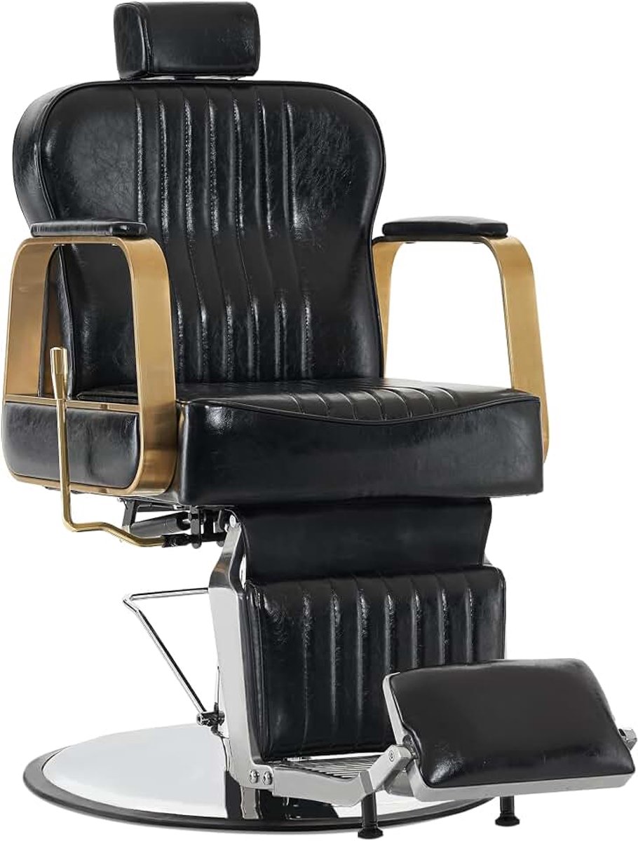 Kappersstoel, kantelbaar, kappersstoel met hoofdsteun, 360 graden draaibaar en in hoogte verstelbaar, retro kappersinrichting met hydraulische pomp, kunstleer, 9238 (zwart)