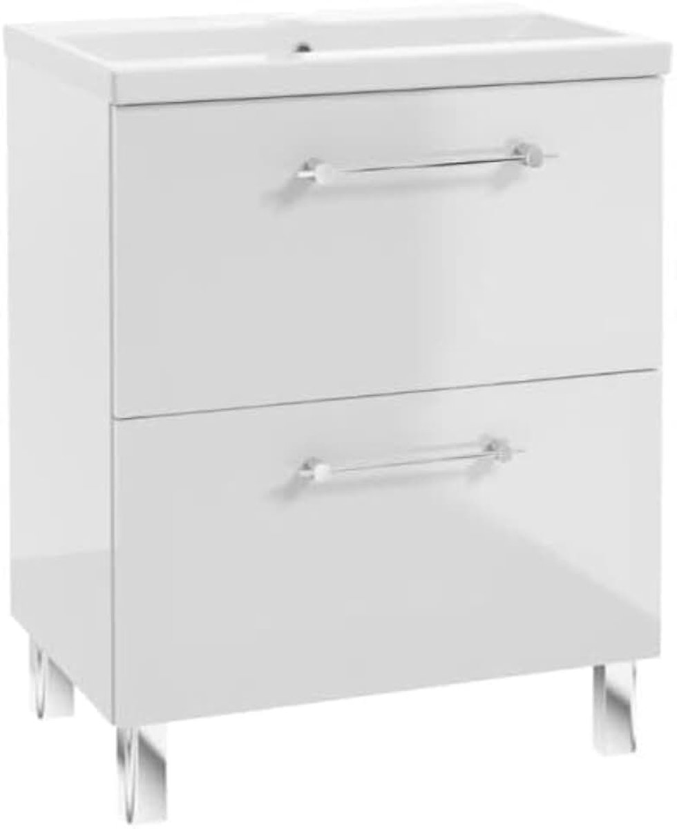 .Deftrans - Vrijstaande Wastafelonderkast 80 cm - Wastafel met Hoogglans Witte Onderkast - Badkamerkast met Onderkast en Lades - Badkamerkast voor Moderne Badkamers - 80 x