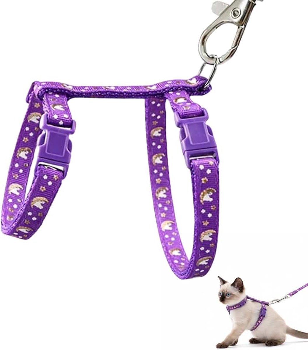 Kattenriem met harnas voor katten, anti-ontsnappingsbestendig kattenharnas met riem, verstelbare set in sterrendesign (paars)