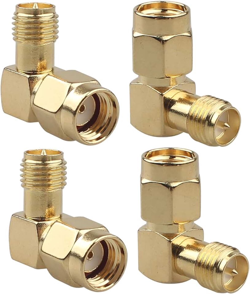 4 STKS RP-SMA Mannelijk naar RP-SMA Vrouwelijke Haakse Antenne Connector 90 Graden RF Coaxiale Adapter Compatibel met 4G LTE Antenne FPV Drone Backup Camera Radio Transceiver WiFi Draadloos