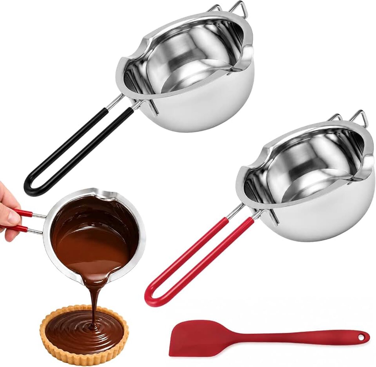 2 stuks smeltschaal, 400 ml, smeltpot, kaarswas, roestvrij staal | Met siliconen spatel, voor chocolade, kaarswas, suiker, boter, kaas, karamel
