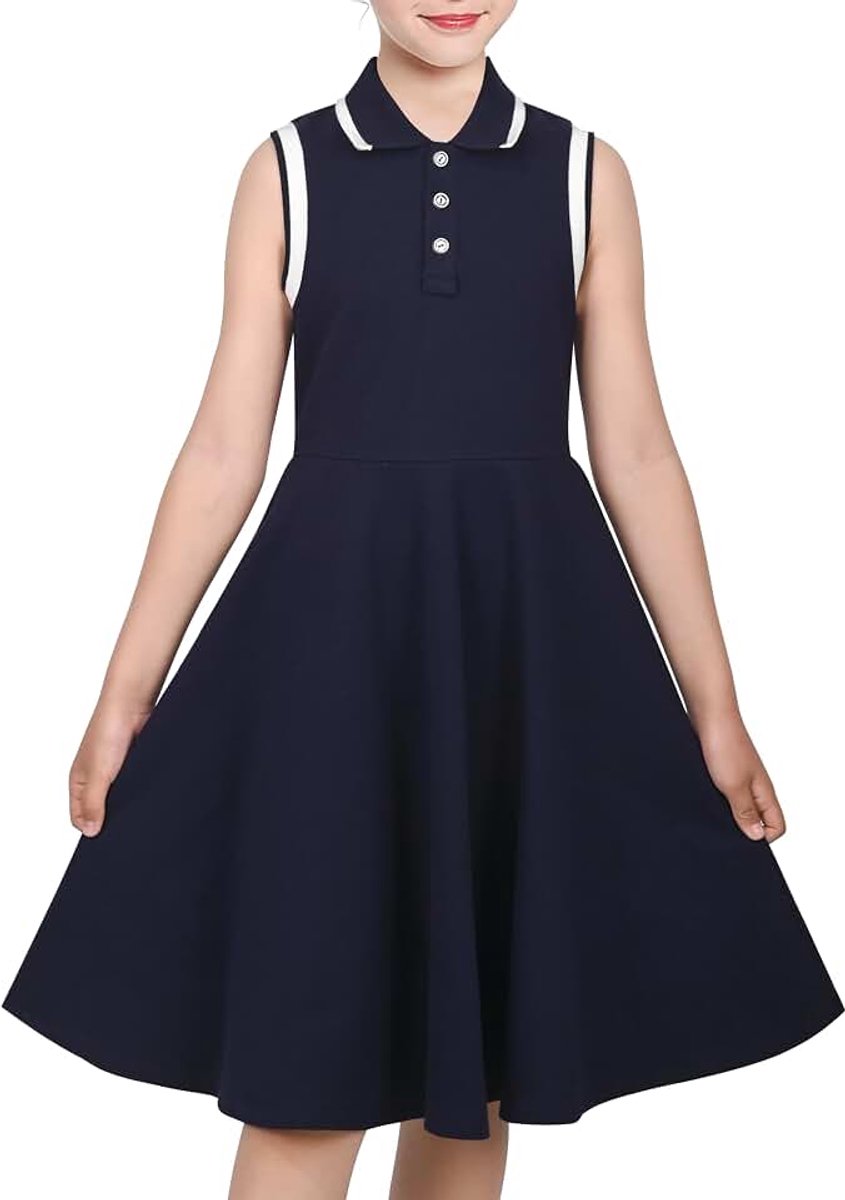 Jurk Marine Brei Polo Halsband School Klassiek Gewoontjes Terug Naar School Elke dag 4-8 jaar