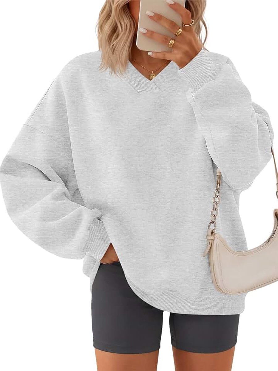 Sweatshirt dames lange mouwen pullover V-hals lange mouwen shirt oversized casual bovenstuk losse basic trui effen top