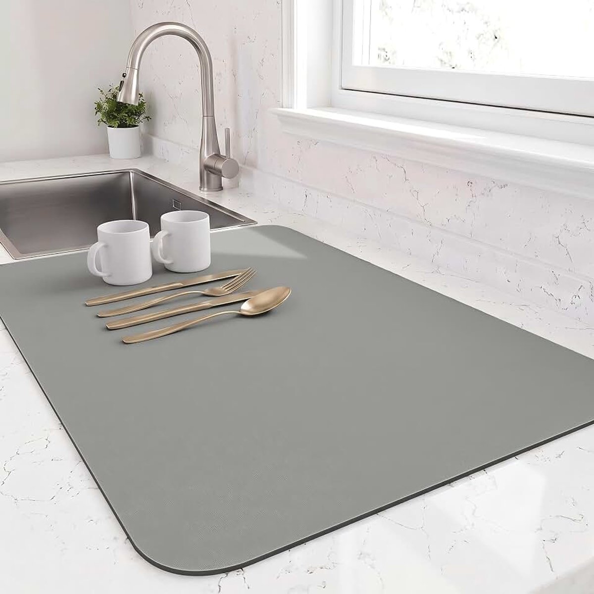 Afwasdroogmat voor aanrecht, koffiemat met antislip rubberen achterkant, verbergt vlekken anti-absorberend voor aanrecht (Grijs, 60 x 40 cm)