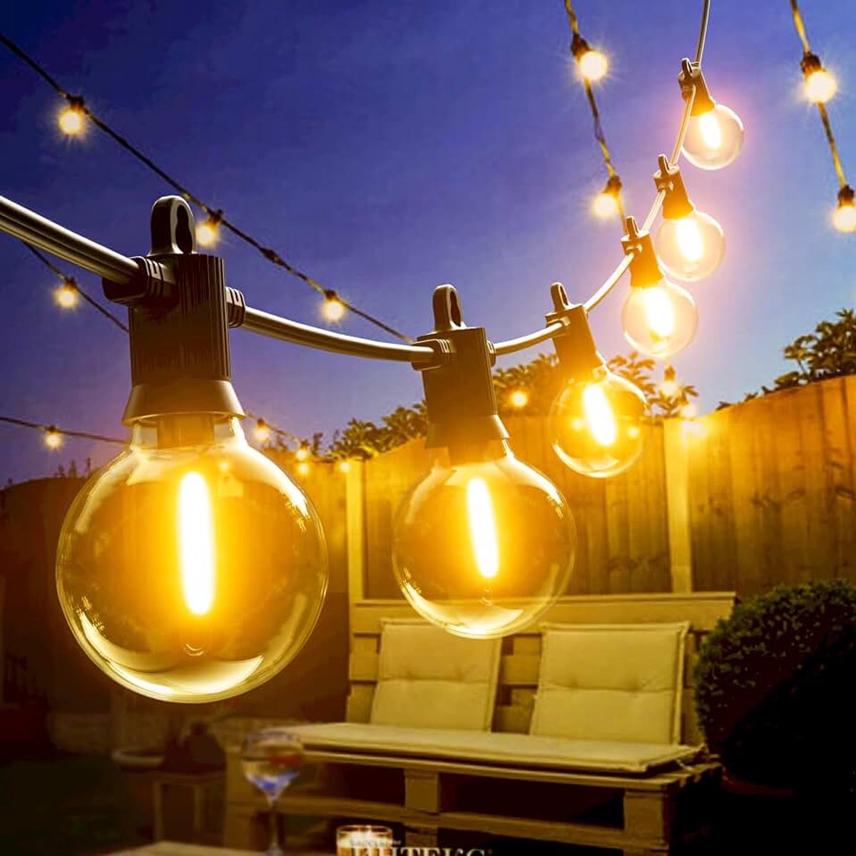 Lichtsnoer voor buiten, 45 m, waterdicht, IP65, led, tuin, binnenplaats, met 73 + 3 G40-lampen, voor buiten, bruiloft, terras, tuin, feest, warmwit