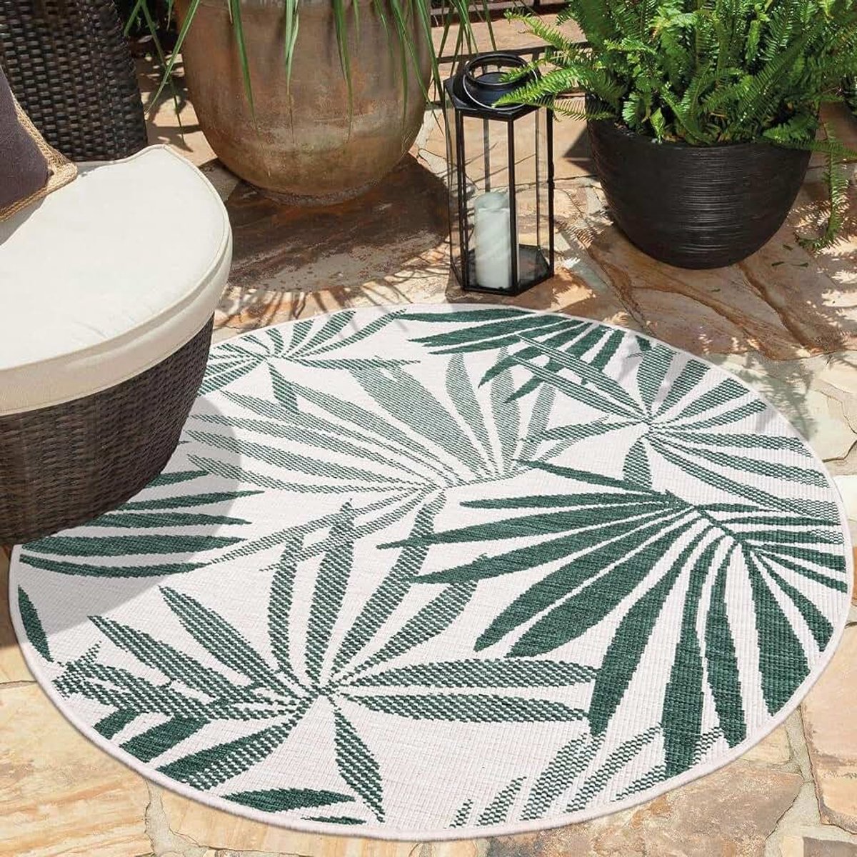 Carpet city Indoor en outdoor tapijt, groen, crème, omkeerbaar tapijt, 160 cm rond, bloemenpatroon, weerbestendig voor balkon, terras, moderne tapijten voor binnen en buiten, woonkamer, keuken