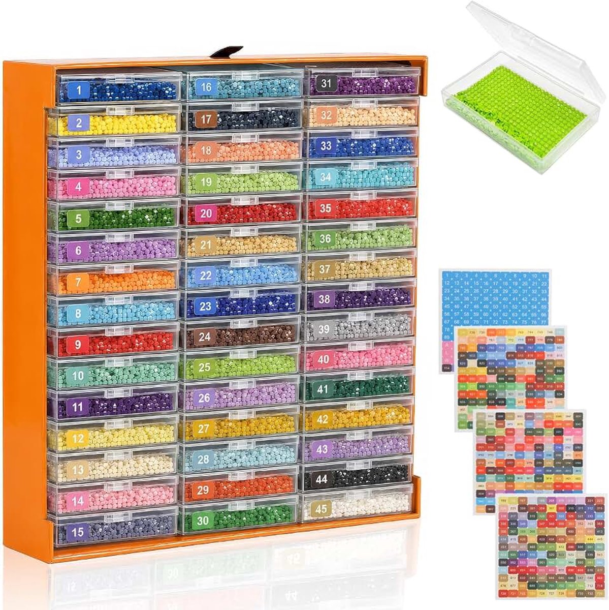 45 stuks Diamond Painting opbergdozen met deksel, 2-in-1 sorteerdozen | Diamond Painting accessoiredozen met etiketten, sorteerdozen voor kralen, strassteentjes, kleine onderdelen, manicure