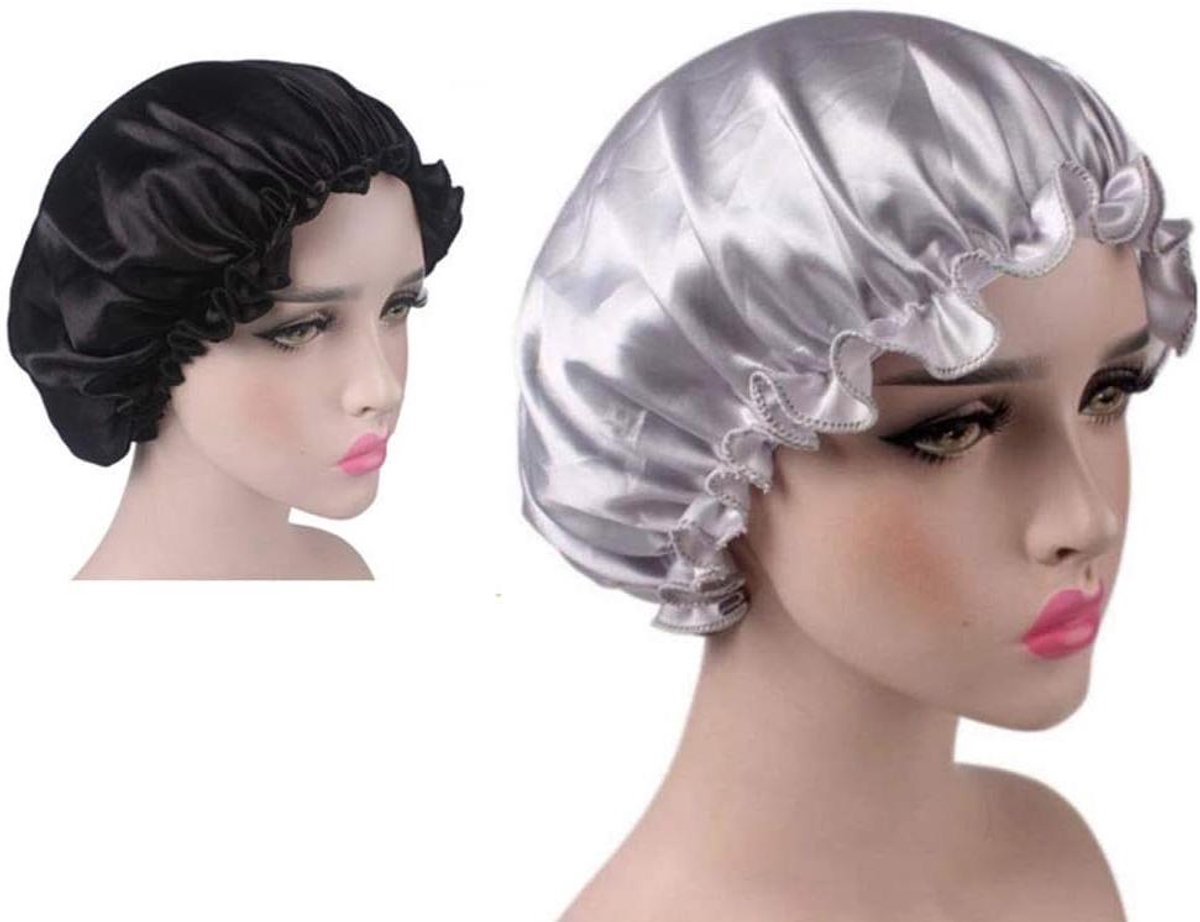 Satijnen Slaapmutsen - Hoofddeksel Nachtmuts - Haarverzorging 's Nachts - Elastische Band - 2 Stuks - Zwart Zilver