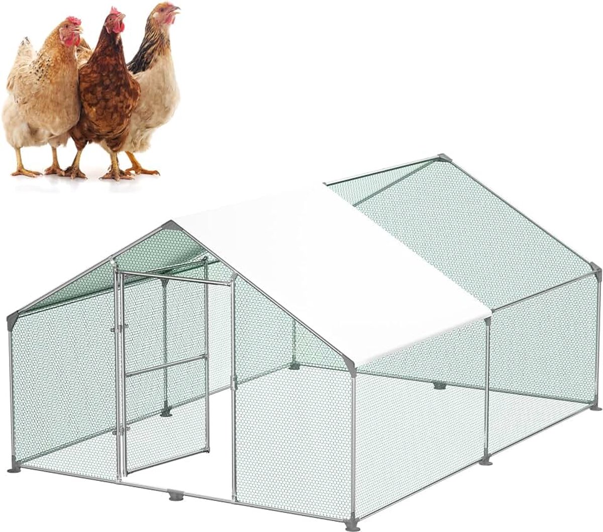 Kippenhok Volière Openlucht Grote Vrije Uitloop Bijlage Kippen met PE Zonneschermdekking Kippenkooi Kippenverblijf met Gegalvaniseerd Stalen Frame voor Konijnen Kippen Pluimveehouderij (3x4x2m)