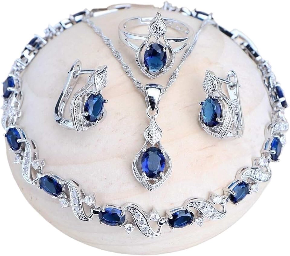 Vrouwen Zilver 925 Bruidssieraden Sets Blauwe Zirconia Kostuum Sieraden Bruiloft Oorbellen Ringen Armbanden Hanger Ketting