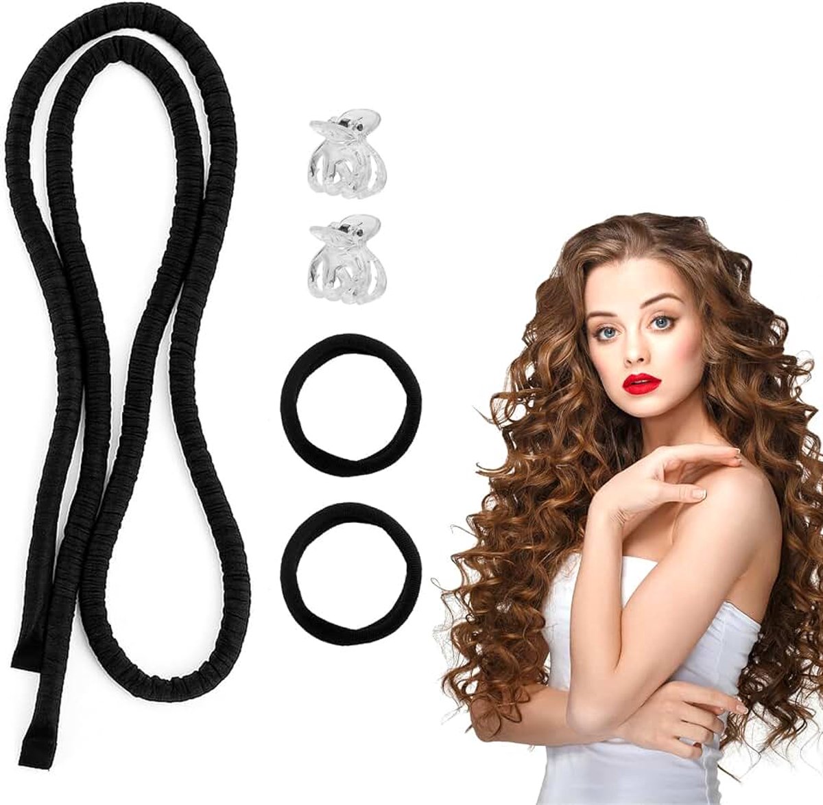 Krulspelden 's nachts, overnight krullen met 2 haarelastiekjes en 2 clips, blowout hair overnight krullen zonder hitte voor lang haar en kort haar (zwart)
