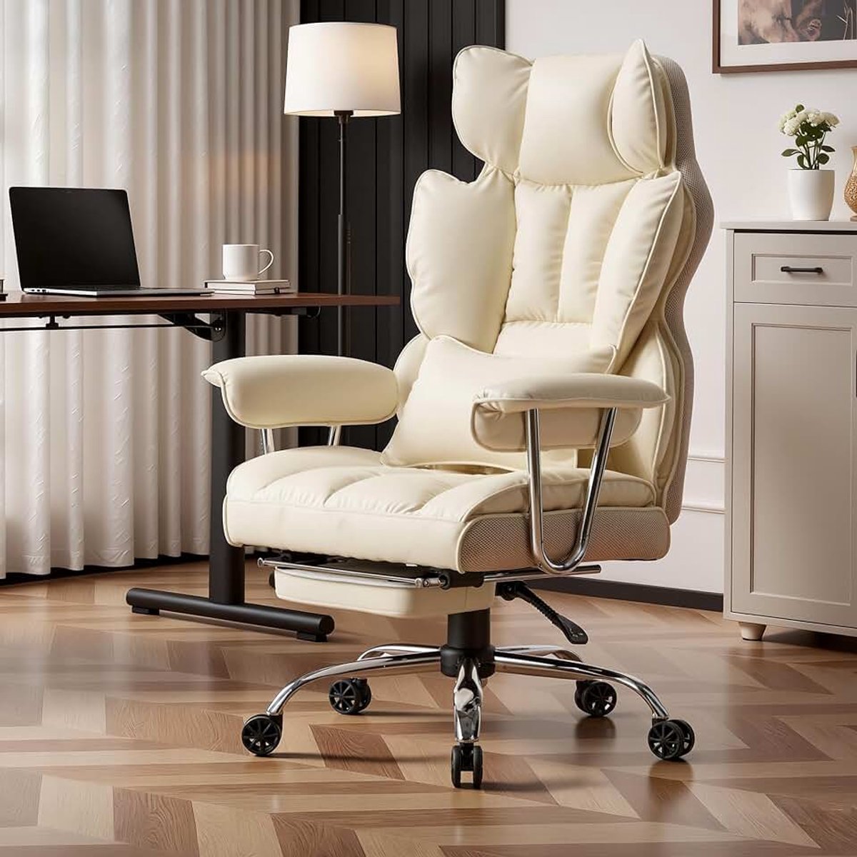 Ergonomische Bureaustoel met Voetensteun, Luxe Directiestoel van PU-Leer, Verstelbare Hoogte, Kantelbare Hoge Rugleuning, 360° Draaibare Kantoorstoel voor Thuis en Kantoor