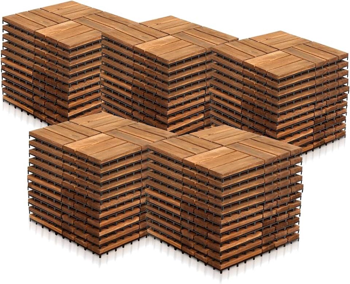 Houten tegels van acaciahout, 30 x 30 cm, houten tegels voor balkon, tegels met 12 latten, 5 m², vloerbedekking, houten tegels balkon, vloertegels voor terrassen en balkon (55 stuks)