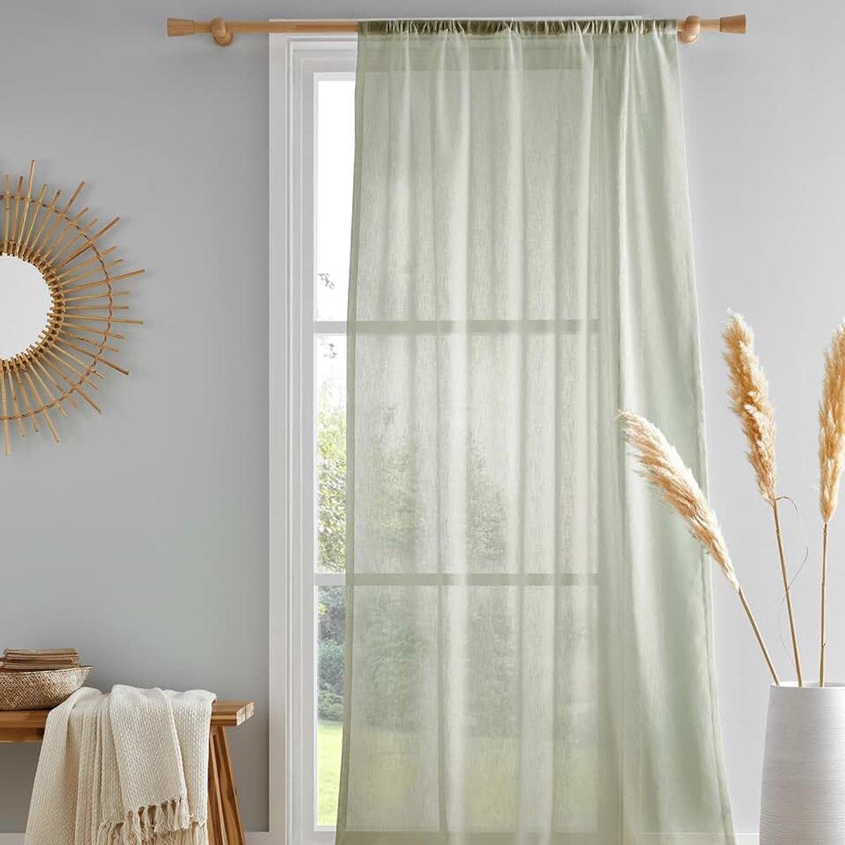 Home - Sage Green Semi-transparant katoenen gordijnpaneel - 55 x 72 (140 x 182cm) - Duurzaam gerecycled katoen - Doorschijnend Voile/Net raamgordijn