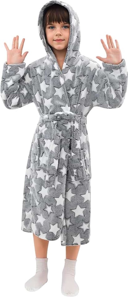Pluizige ochtendjas voor meisjes, regenboog, fleece badjas met capuchon, voor kinderen van 5-12 jaar, zachte, warme badjas met 2 zakken, roze, paars, rood, grijs