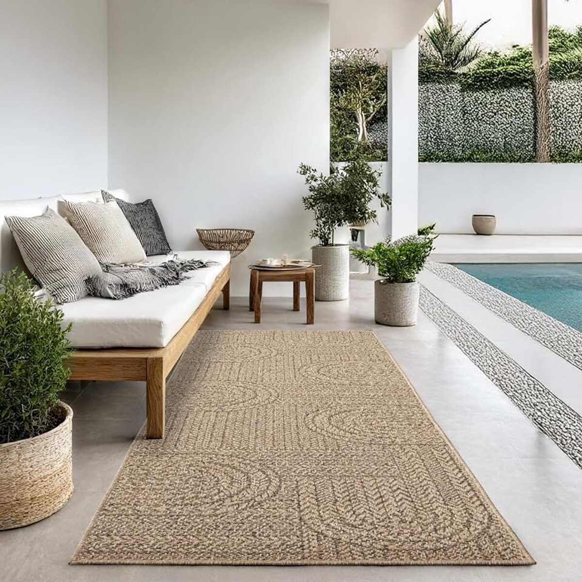 The carpet Kansas - stevige binnen- en buitentapijt in natuurlijke jute-look, weerbestendig, geschikt voor terras en tuin, ruitpatroon, Natuur, 80 x 250 cm