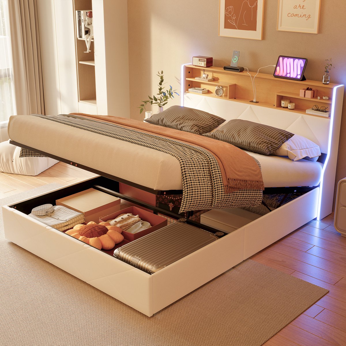 Gestoffeerd bed 160x200 cm met LED en USB, Tweepersoonsbed met opbergruimte en lattenbodem, Opbergbed bedframe met hydraulische opbergbox, PU Wit, zonder matras