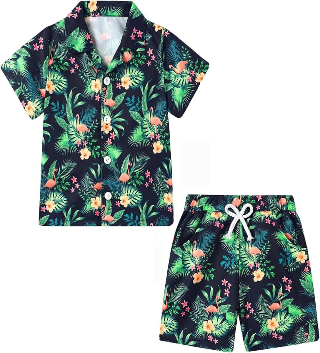 Hawaï-set voor jongens, 2-delige set hemd + shorts, strandhemd met knopen + shorts voor kinderen van 4-10 jaar