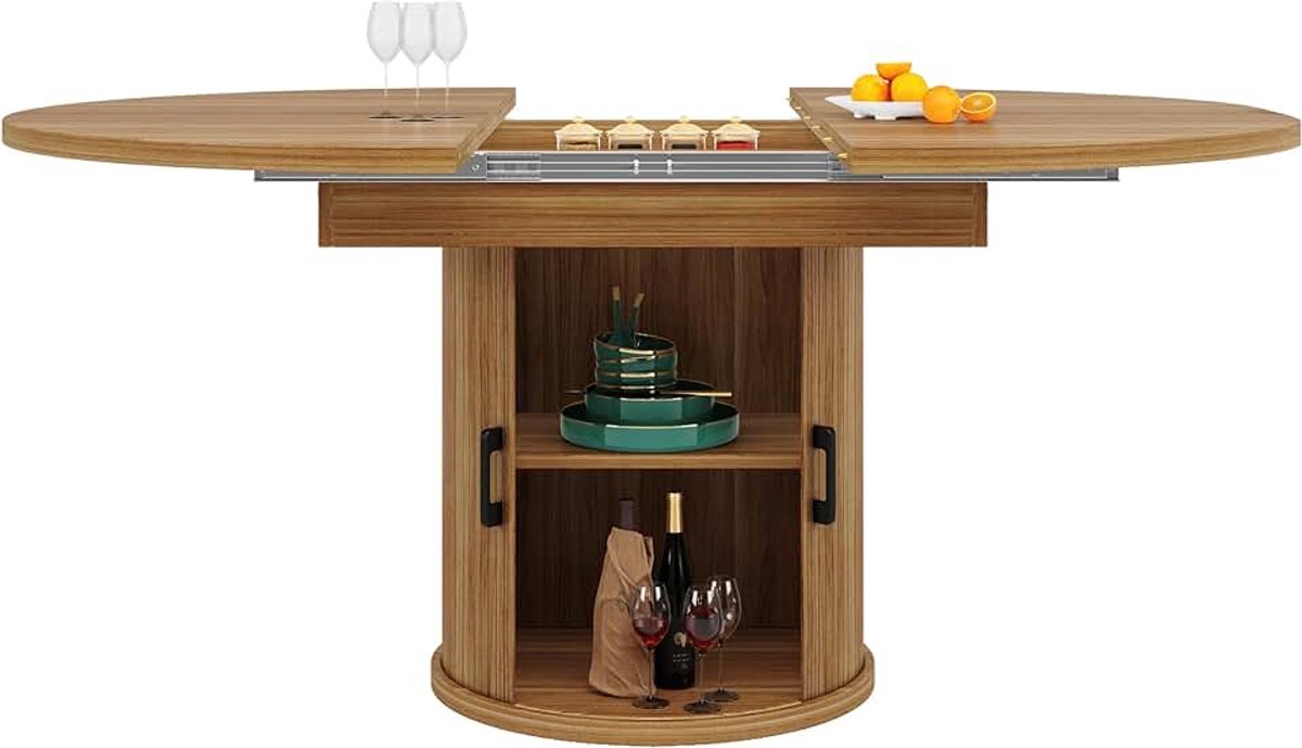 Eettafel met opbergruimte, uittrekbaar, rond/ovaal, 118-158 cm, eettafel voor 4-6 personen, moderne keukentafel met schuifdeur (1 tafel, walnoot)