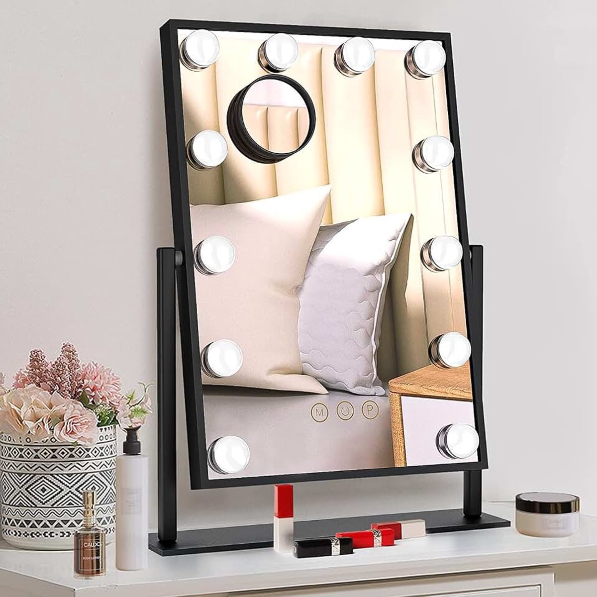 Hollywood Make-upspiegel met verlichting, grote verlichte make-upspiegel met 3 kleuren licht en 12 dimbare LED-lampen, Smart Touch Control Screen & 360 graden rotatie (zwart)