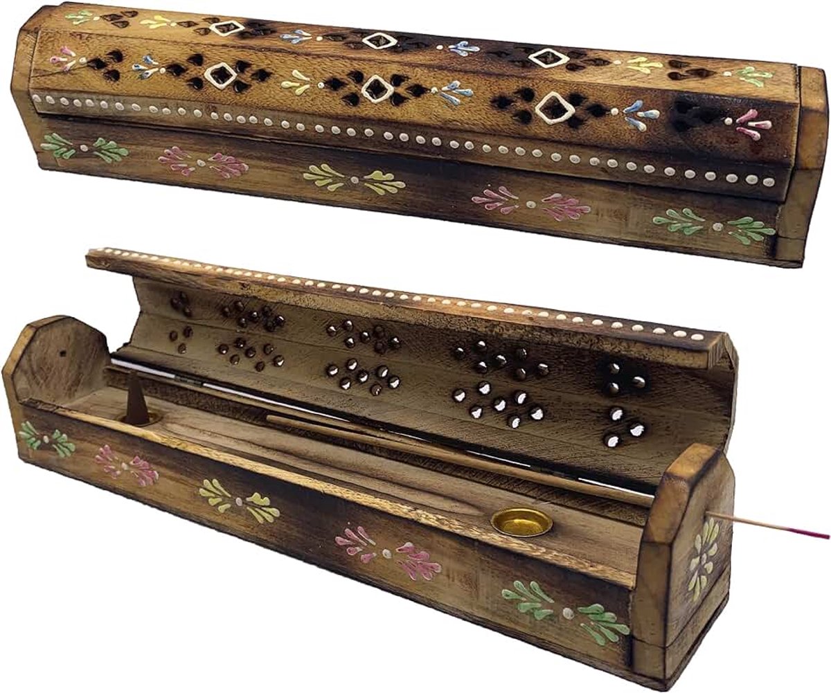(rookoven), houten doos, handgemaakt in India, exclusief design met kleurrijke bloemen, 30,5 x 6,2 x 5,5 cm, gewicht 240 g, rookstaafjeshouder van hout