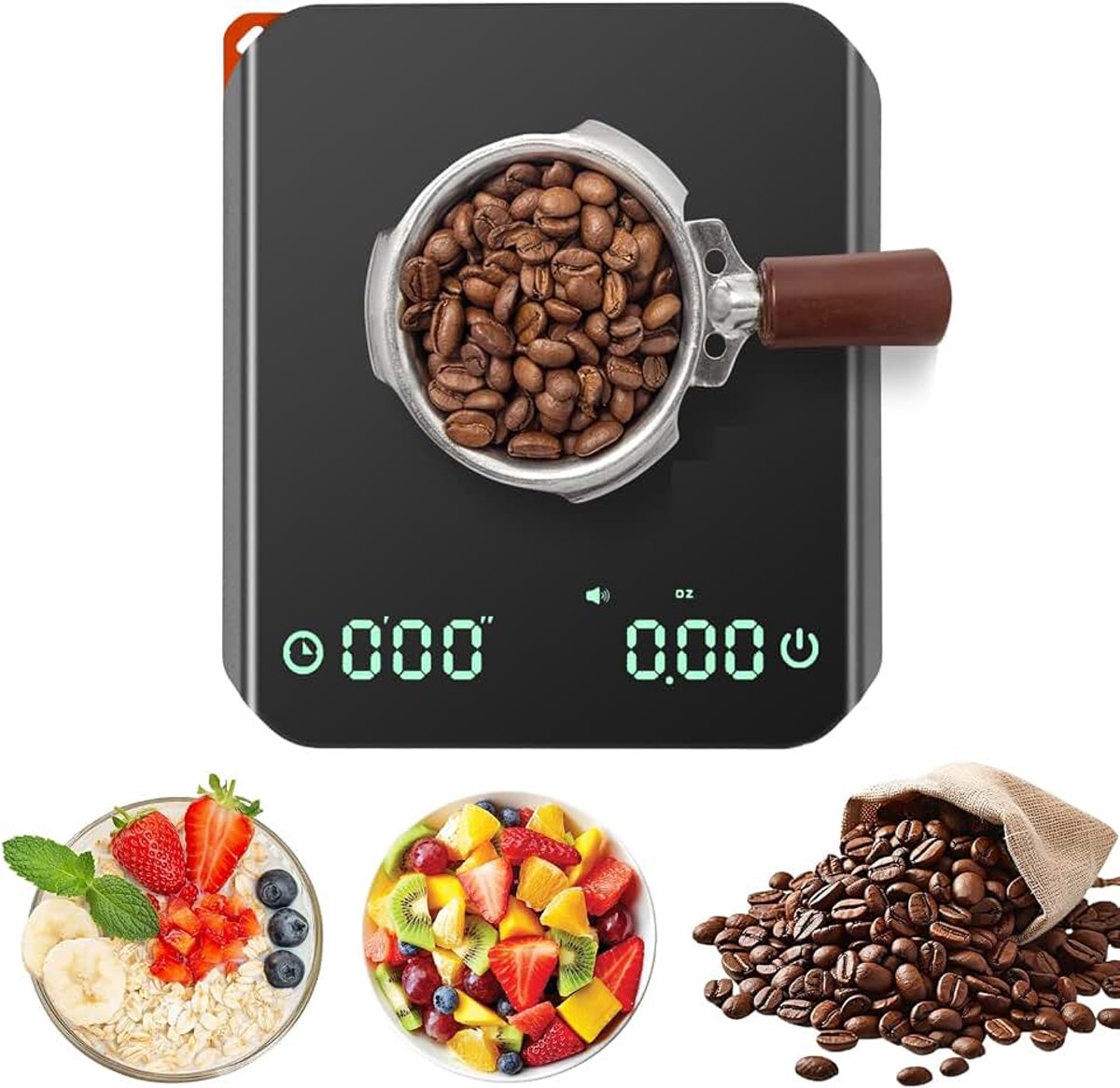 Digitale keukenweegschaal met timer, 0,1 g, zeer nauwkeurige espressoweegschaal, 2 kg, mini-koffieweegschaal met siliconen warmtekussen, oplaadbare weegschaal, keukenweegschaal