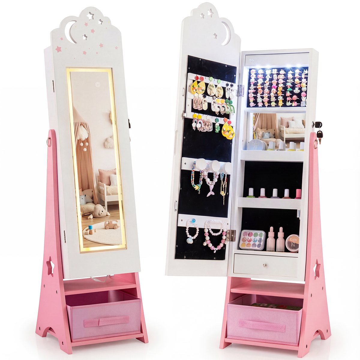 COSTWAY 2-in-1 sieradenkast voor kinderen met verlichting, spiegelkast afsluitbaar met full-body spiegel, binnenspiegel, 4 ledlampen en 2 laden, sieradenorganizer kantelbaar voor kinderkamer (wit)