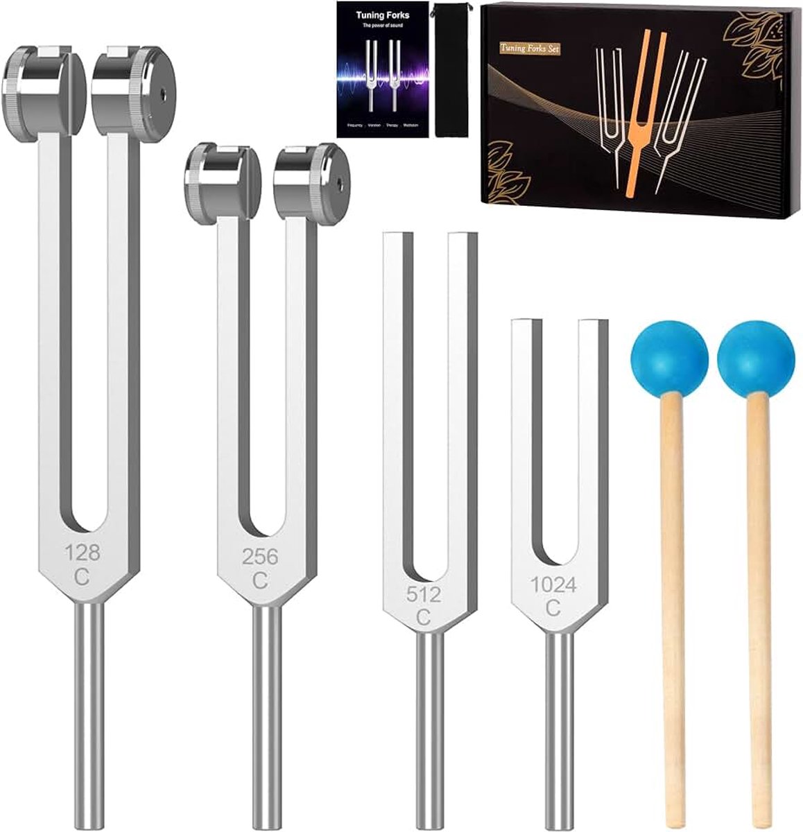 4 stuks - 128Hz, 256Hz, 512Hz, 1024Hz met Accessoires voor Yoga & Meditatie - Ontspannende Ervaring door Geluidstrilling