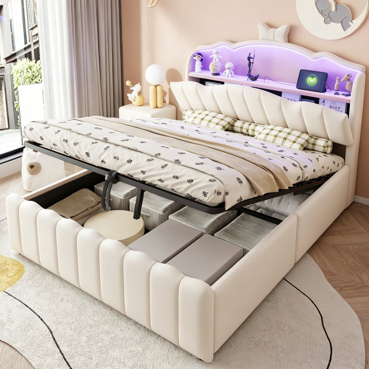 PHOEBE CAT Kinderbed - 140 x 200 cm - Gestoffeerd hoofdeinde - Opbergruimte - LED-verlichting - Oplaadpoort - Fluweel - Beige