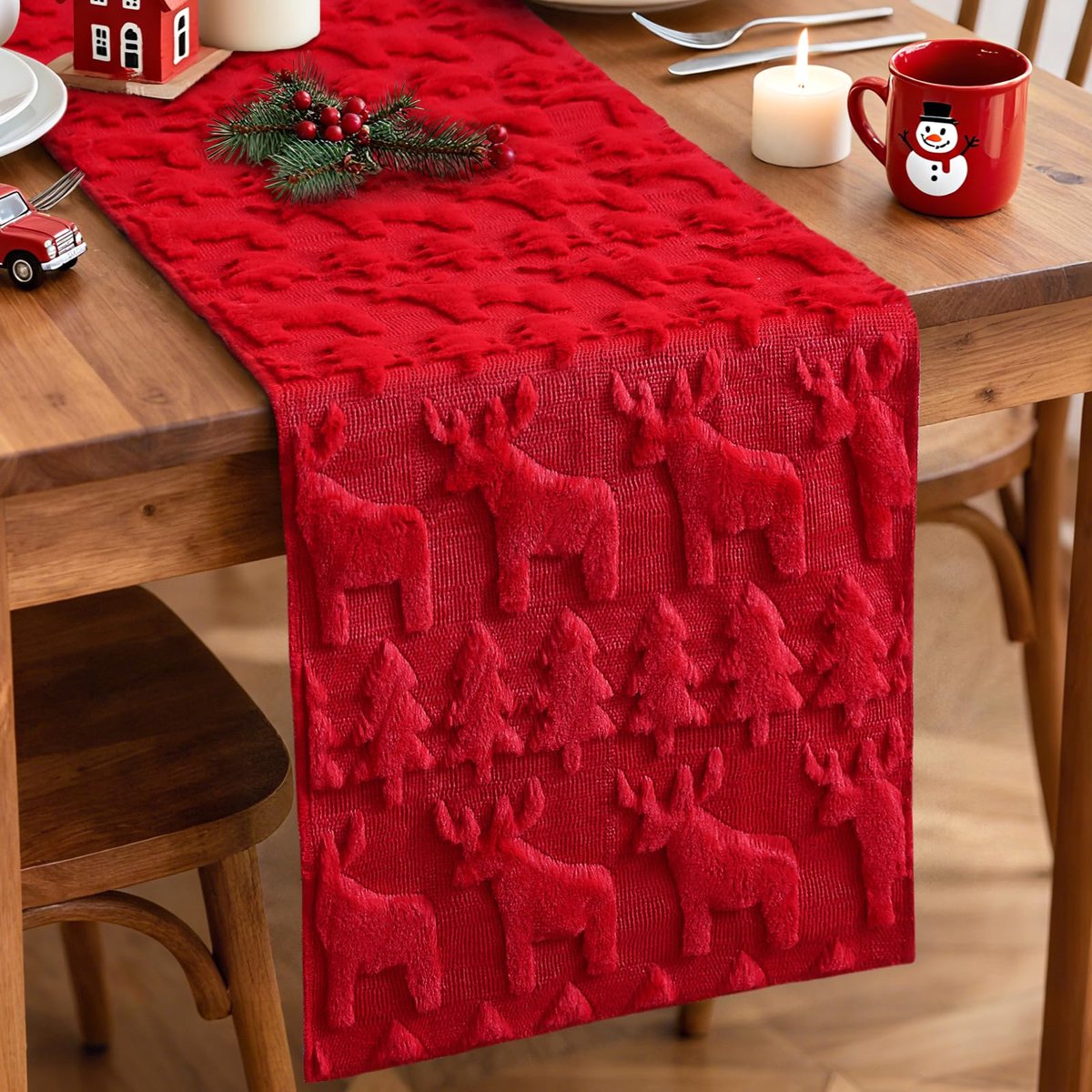 Kersttafelloper, 40 x 140 cm, zacht, pluche, kort, fluweel, tafeldecoratie voor vakantiefeest, kerstfeest, wasbaar (rood - wapiti en kerstboom)