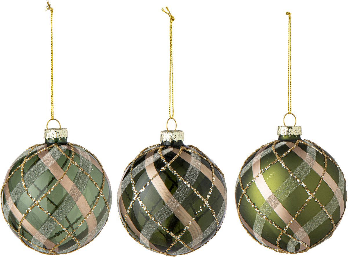 J-Line Kerstbal met ruitmotief - glas - groen/goud - small - assortiment van 3