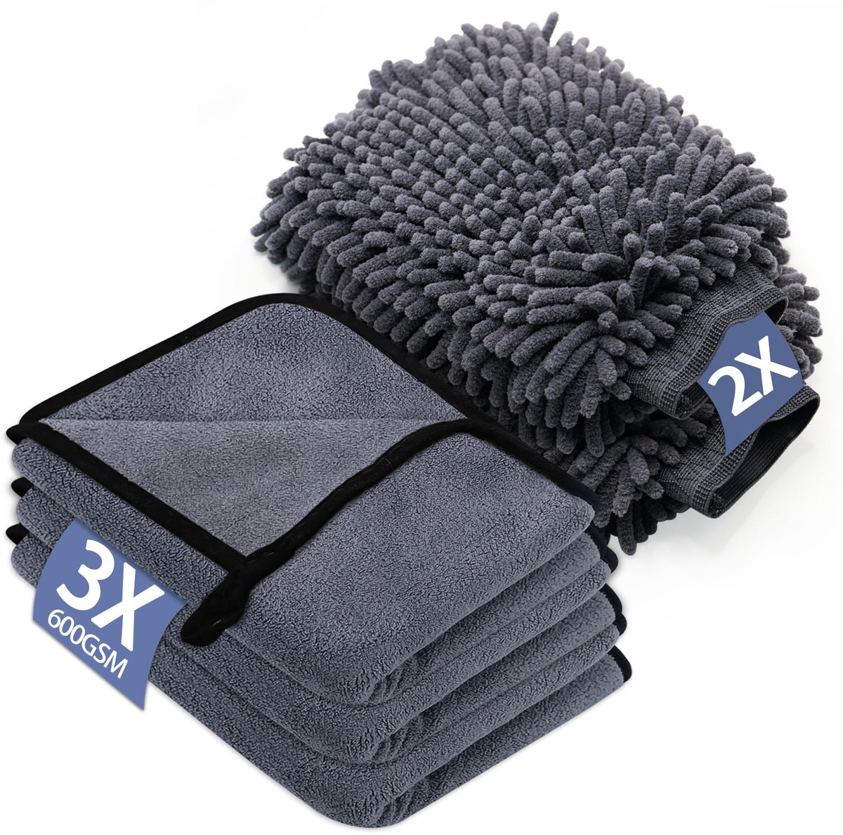 5 stuks autoverzorgingsset met 3 microvezeldoeken voor de auto en 2 microvezel washandjes voor de auto, 600 g/m², droogdoek, extra absorberend, 100% krasvrij en zacht, om te polijsten (40 x