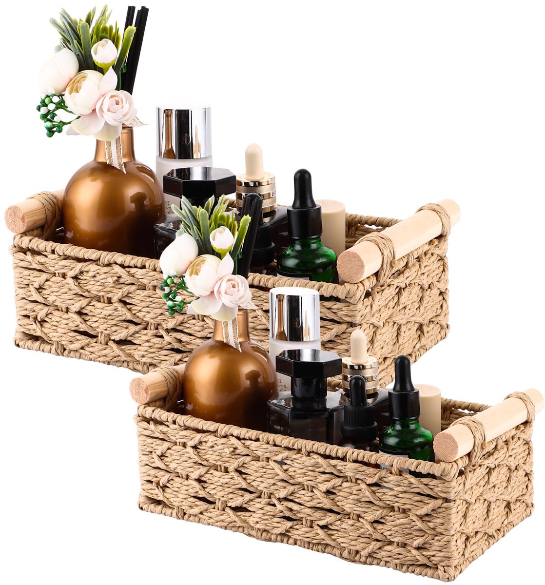 2 stuks opbergmand voor badkamer, gevlochten met houten handgrepen, decoratieve opbergdoos, rotanmand van geweven, stapelbare plankmanden (30 x 20 x 10 cm, 25 x 15 x 8 cm)