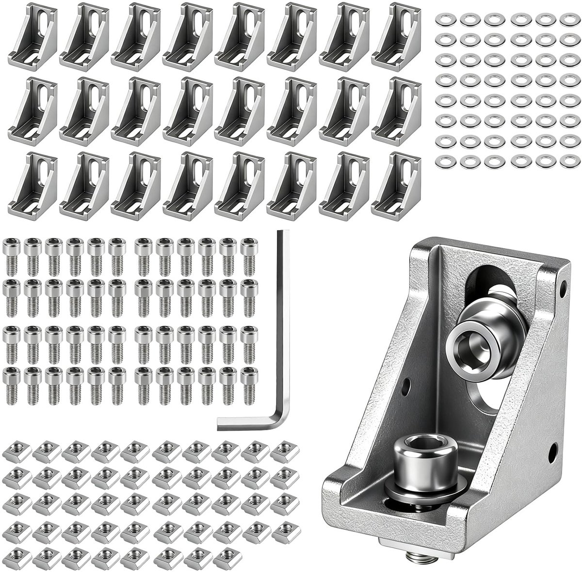 aluminium Hoeksteunen,Bogoro Bevestigingsmateriaal voor Hoeken van 90 Graden, Set van 24 Stuks Aluminium Hoeksteunen 2020,Voor Steunprofielen, doe-het-zelfprojecten,enz.