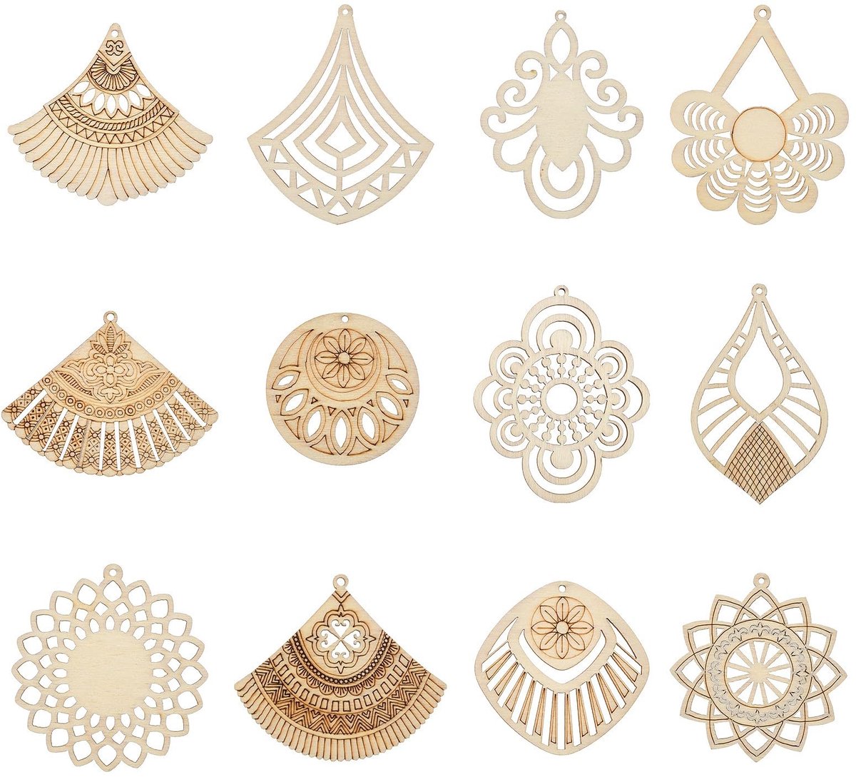 24 stuks 12 stijlen Boho thema houten bedels ongeverfde bloem traan waaiervormige bedels onafgewerkt hout holle grote bedels voor doe-het-zelf geschenkzakje sieraden maken