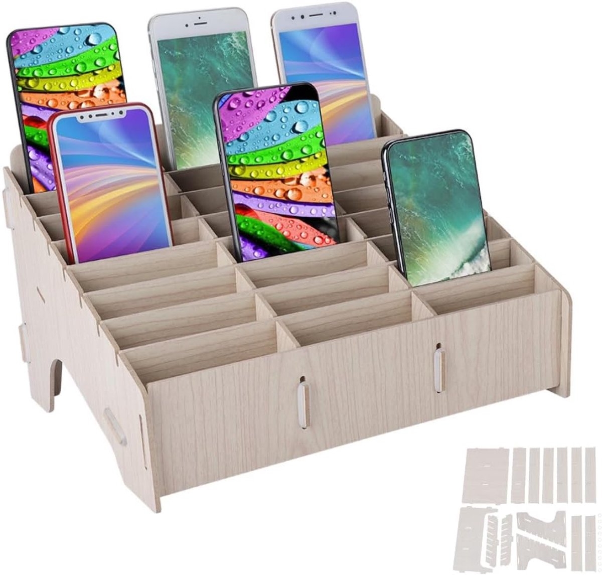 Opbergdoos bureau-organizer 24 vakken - houten rooster - beige - ideaal voor pennen en accessoires - SnelShoppen