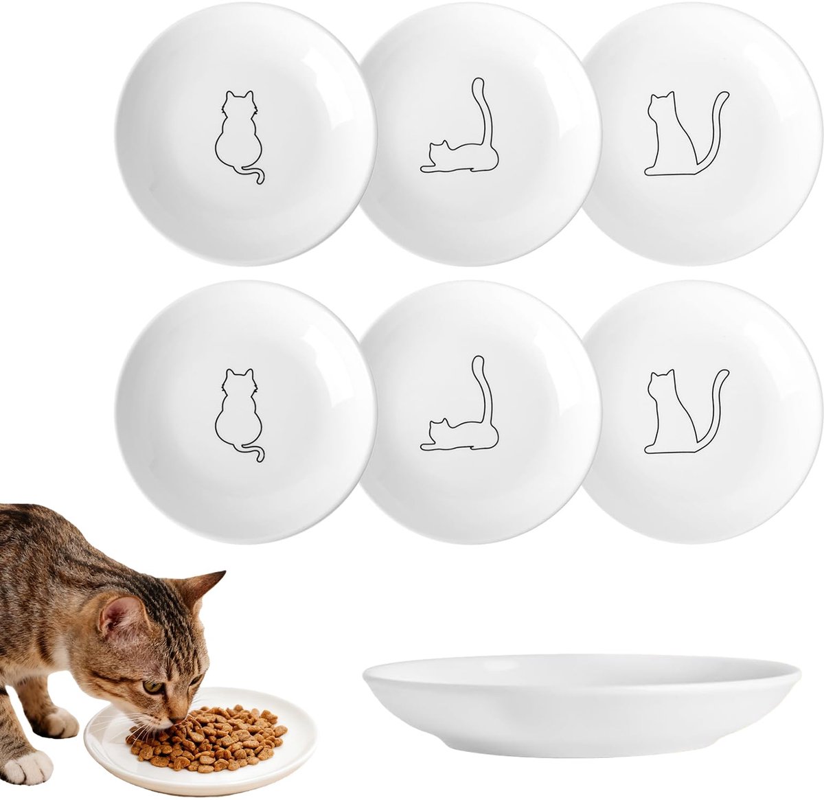 Keramische voerbakken voor katten, Ø 15 cm, kattenbak, keramiek, hoogwaardig, plat design, kattenbak, platte kattenkom voor voer en water, voor katten en kleine dieren, wit (kattenpatroon)